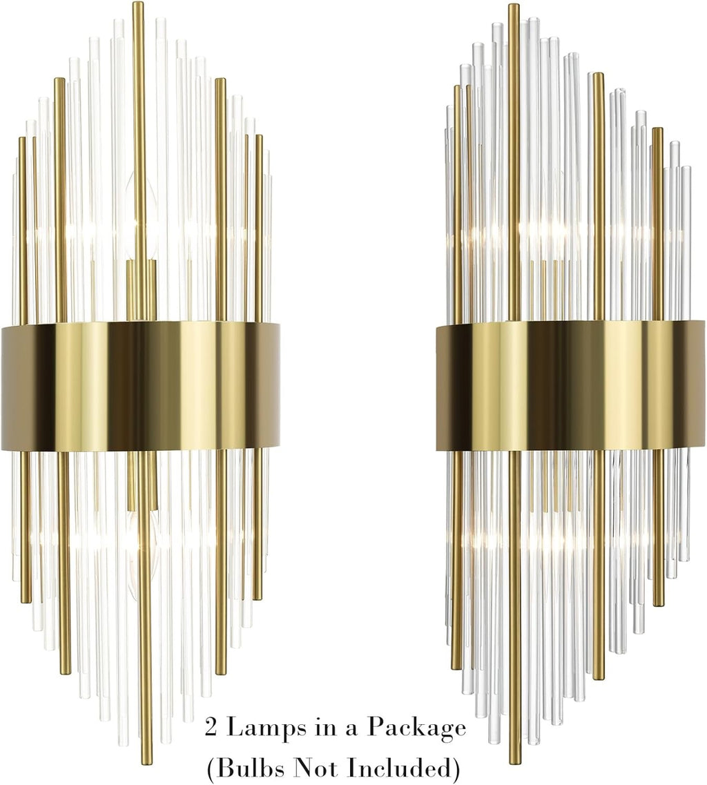 Modern Gold Crystal Wall Sconces Set of 2 | Brass & Glass 2-Light Vanity Wall Lighting
