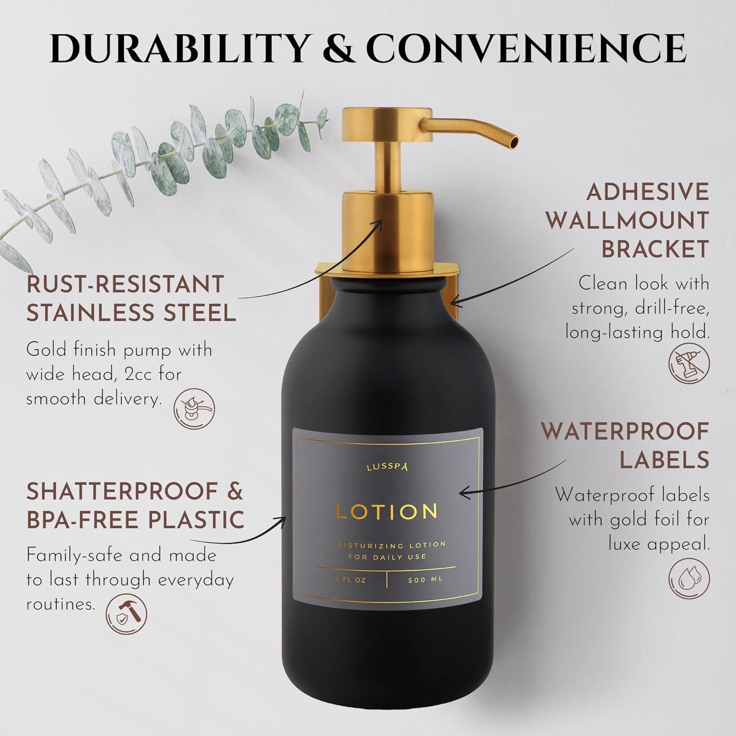 Wall Mounted Shower Dispenser Set 3 Bottles Black Gold | Refillable Shampoo Soap Dispensers No Drill Adhesive Bathroom Organizer