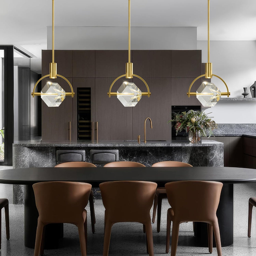 Modern Crystal LED Pendant Light Semi-Circle | K9 Crystal Brushed Gold Dimmable Hanging Light Fixture