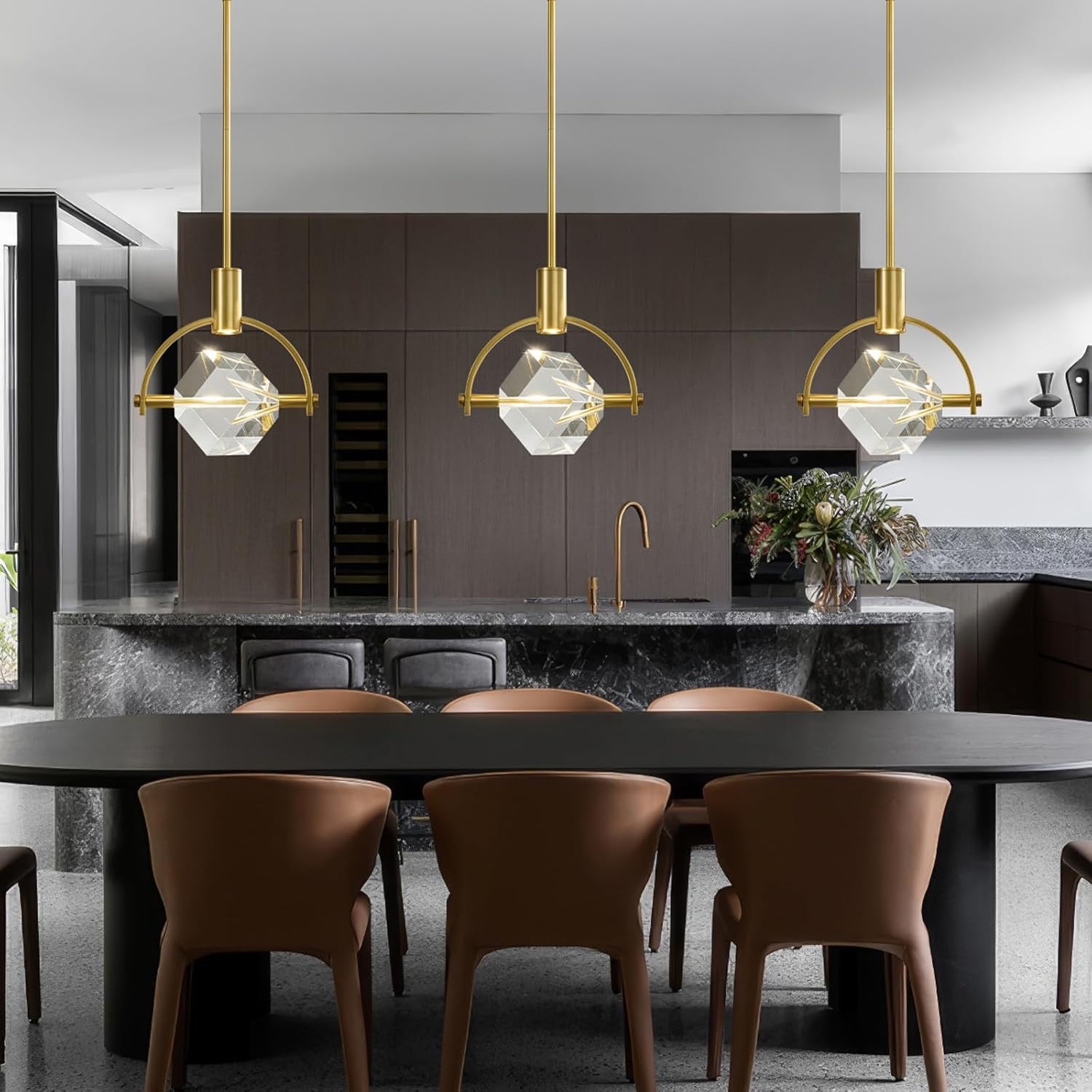 Modern Crystal LED Pendant Light Semi-Circle | K9 Crystal Brushed Gold Dimmable Hanging Light Fixture