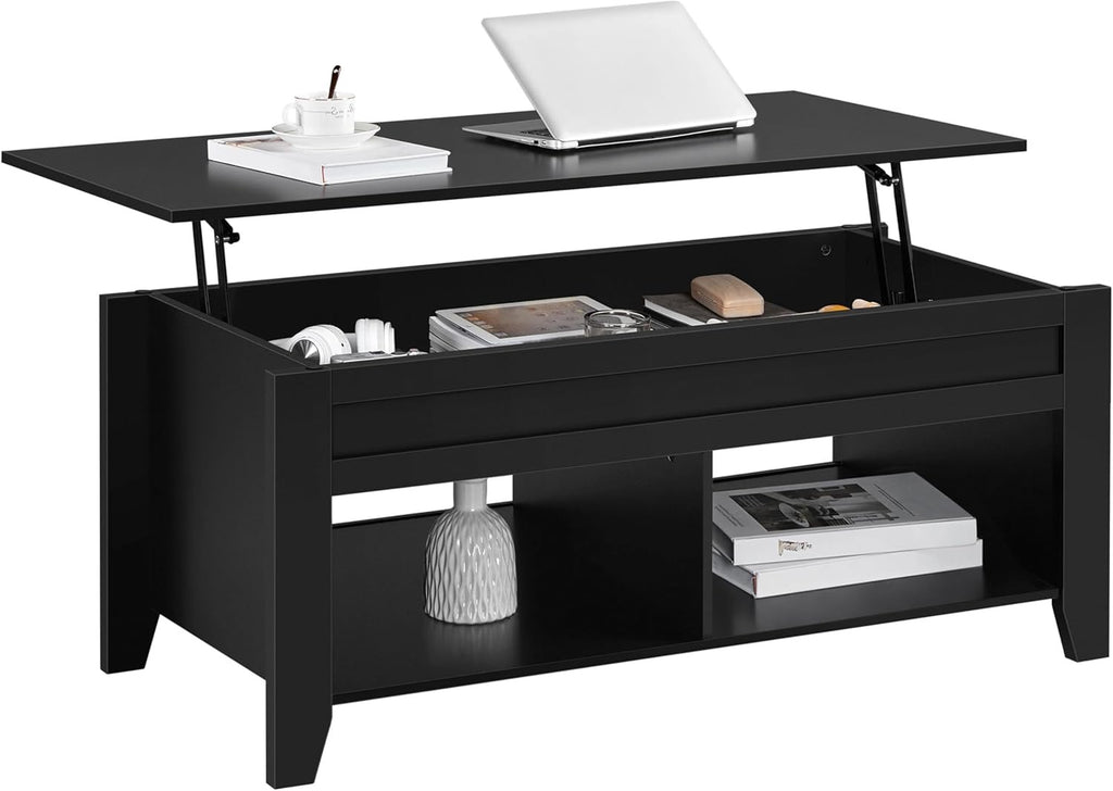 Yaheetech Lift-Top Coffee Table with Hidden Storage | Black Wood Coffee Table with Open Shelves (39.5”)