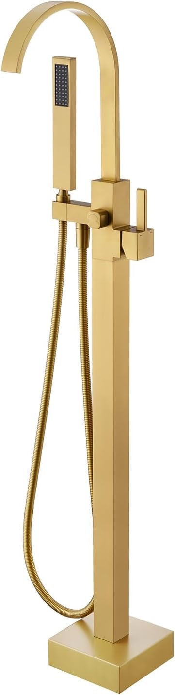 Freestanding Bathtub Faucet Floor Mount Brushed Gold | Single Handle Tub Filler with Hand Shower