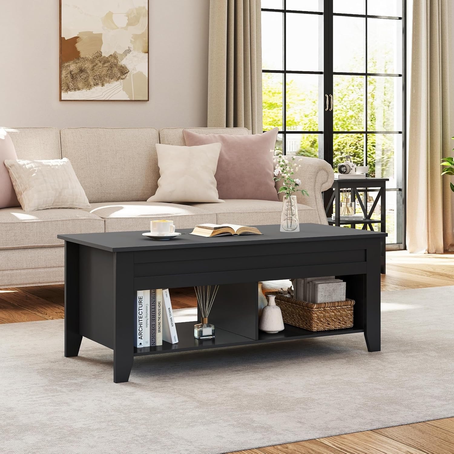 Yaheetech Lift-Top Coffee Table with Hidden Storage | Black Wood Coffee Table with Open Shelves (39.5”)