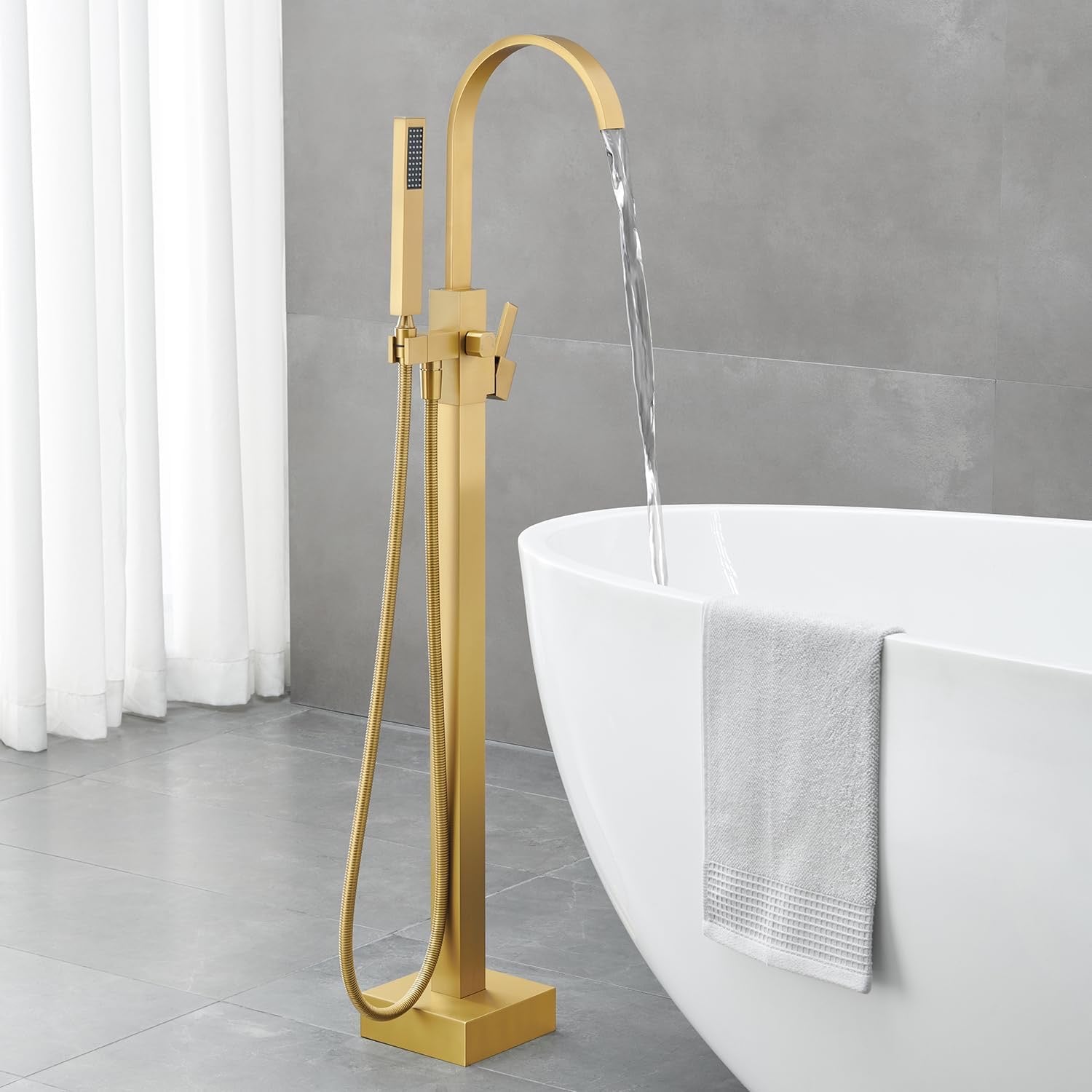 Freestanding Bathtub Faucet Floor Mount Brushed Gold | Single Handle Tub Filler with Hand Shower
