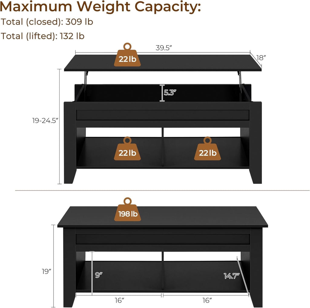 Yaheetech Lift-Top Coffee Table with Hidden Storage | Black Wood Coffee Table with Open Shelves (39.5”)