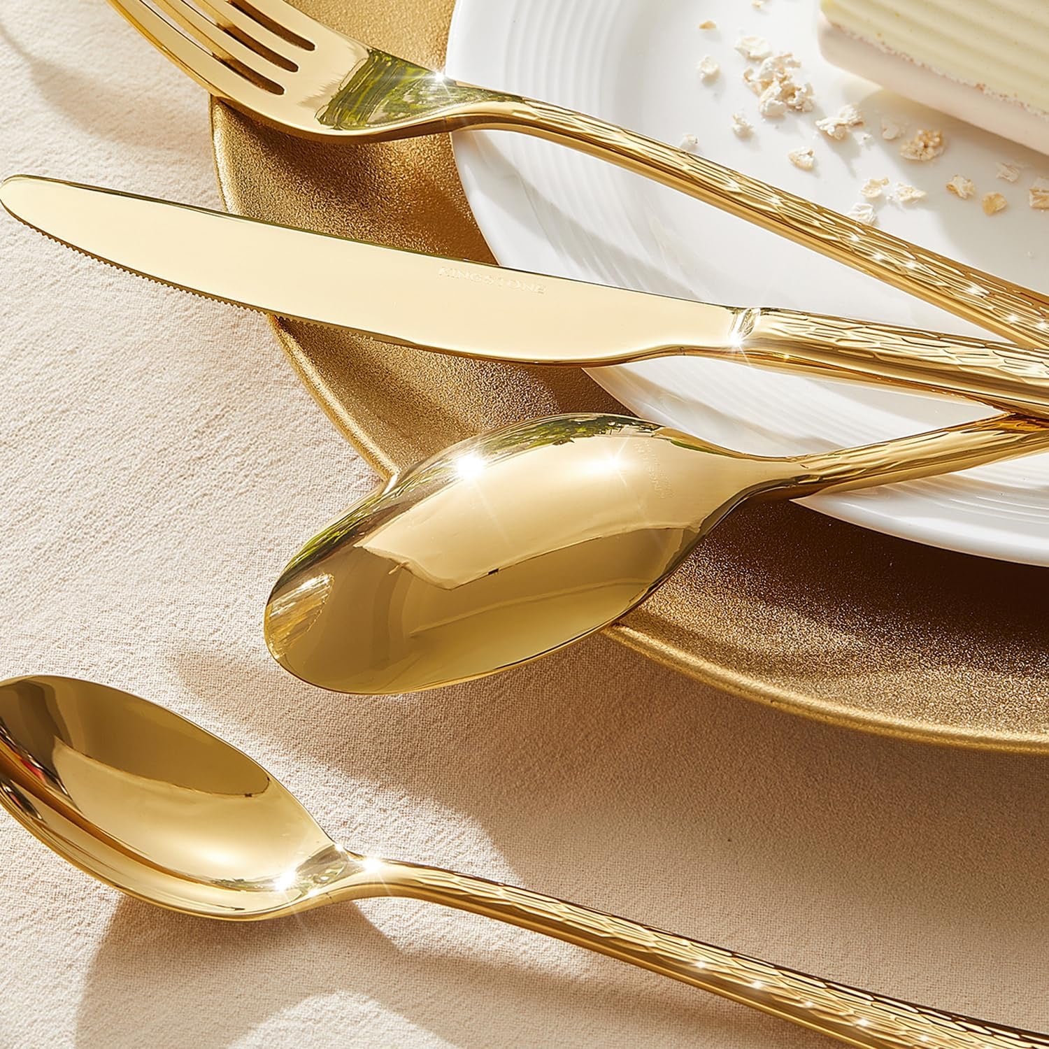 KINGSTONE Gold Hammered Silverware Set | 65-Piece 18/10 Stainless Steel Flatware with Serving Utensils (Luxury Gold Cutlery Set)