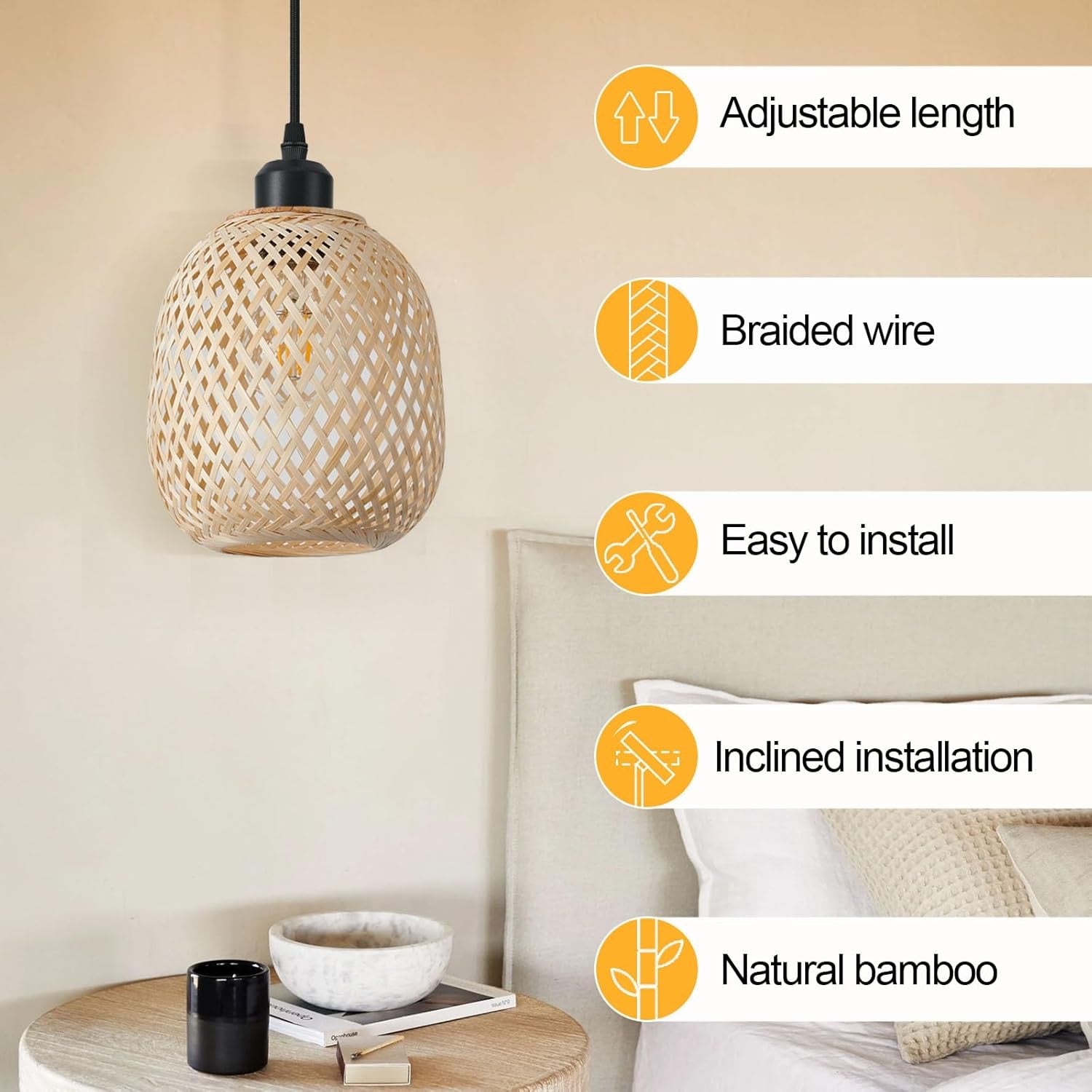 TERLEENART Rattan Bamboo Pendant Lights Set of 2 | Mid-Century Bohemian Woven Ceiling Lighting