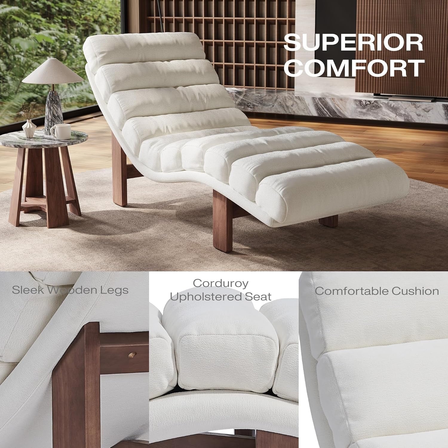 Modern Armless Chaise Lounge Upholstered Chair | Linen Fabric Lounge Chair with Wooden Legs for Living Room Bedroom Office