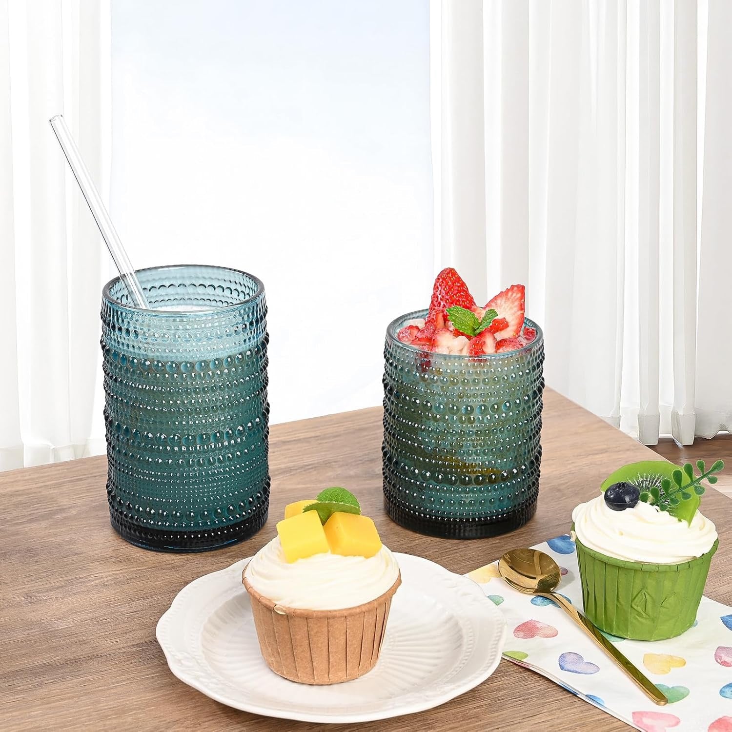 Vintage Blue Hobnail Drinking Glasses Set of 12 | 12oz & 15oz Embossed Glass Tumblers with Cleaning Brush (Retro Cocktail & Everyday Glassware Set)