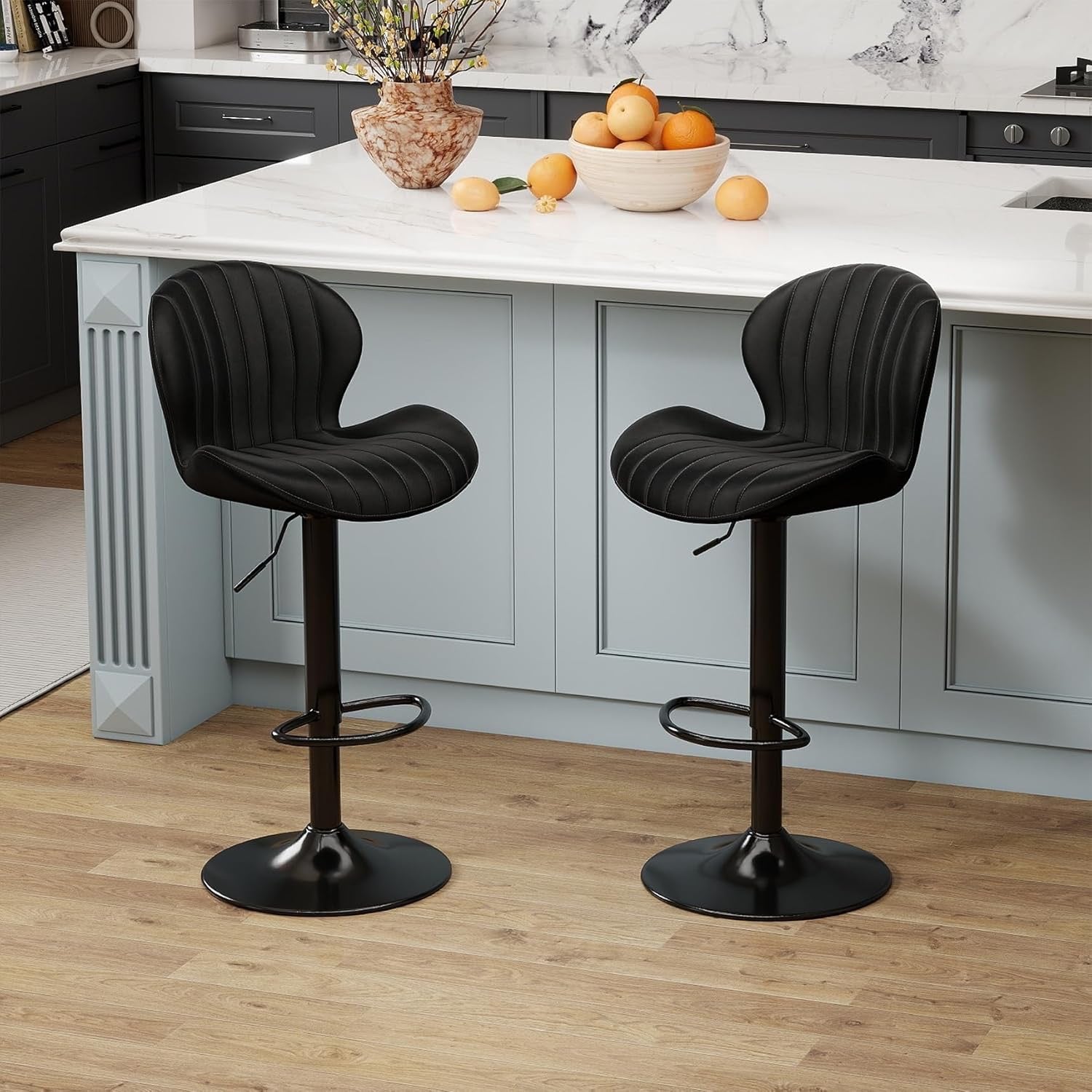 Youhauchair Modern Velvet Bar Stools Set of 3 | Adjustable Swivel Kitchen Island Chairs with Back & Footrest