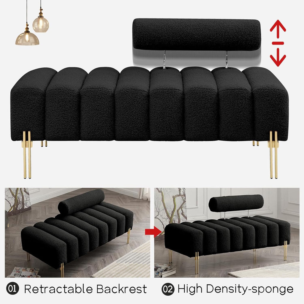 NIOIIKIT 53" Modern Teddy Loveseat | Black Upholstered Accent Sofa with Gold Legs