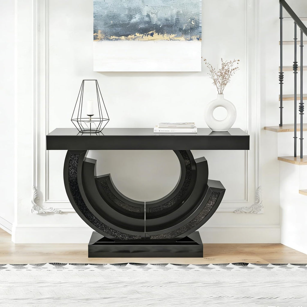42.9” Mirrored Console Table | Crushed Diamond Inlay Entryway Sofa Table with C-Shaped Base (Black)