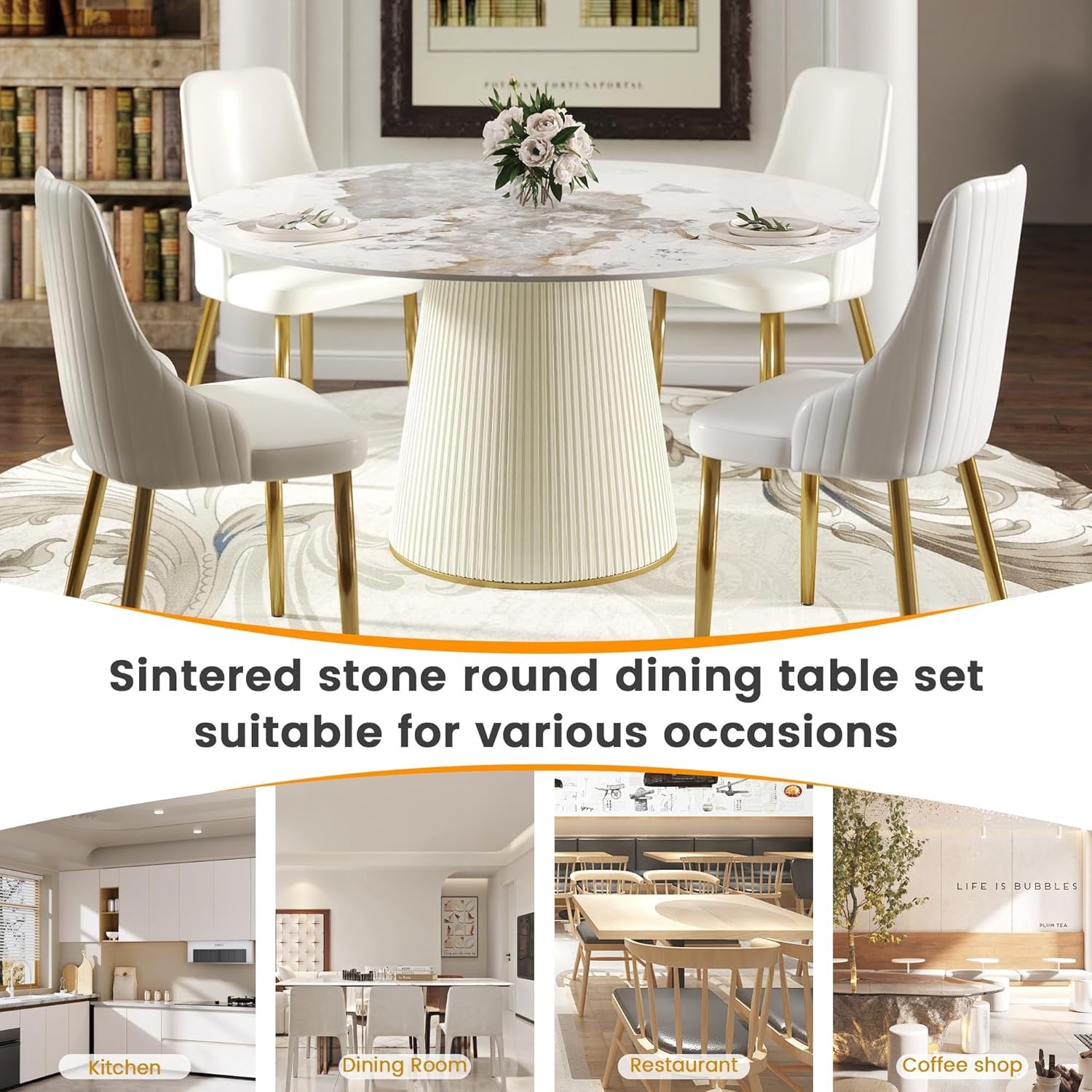 59.05" Modern Round Dining Table White Stone Top | Beige PU Base Pedestal Table for 8 | Contemporary Dining Room Statement