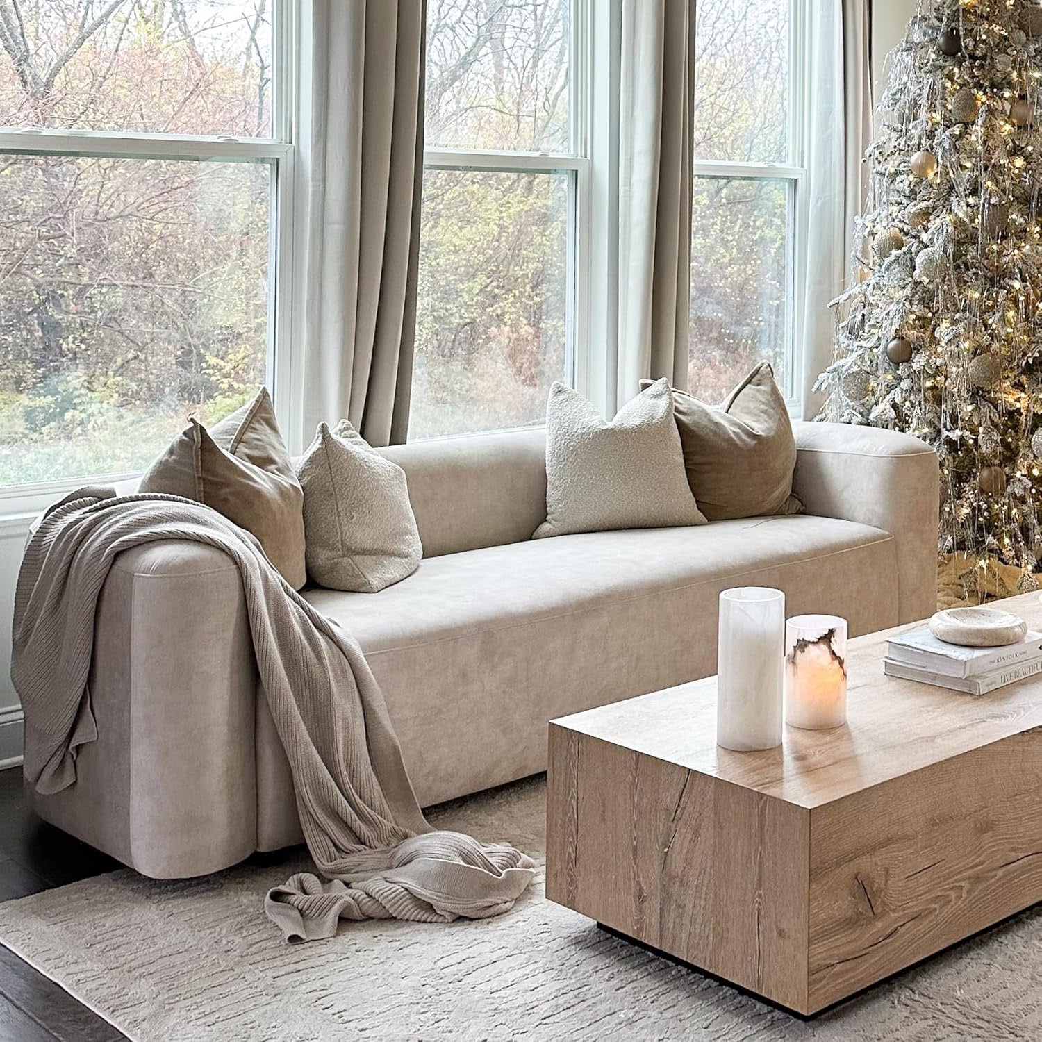 Acanva Luxury Curved Velvet Sofa (3-Seater) | Modern Minimalist Cream Upholstery