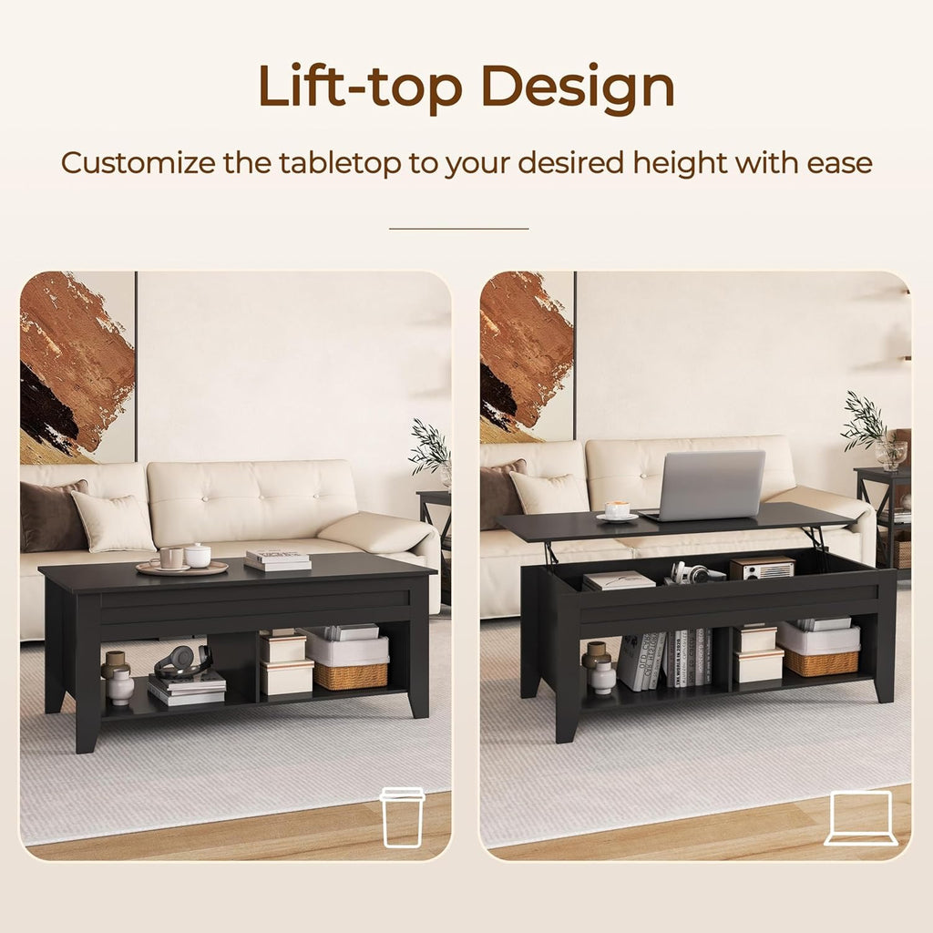 Yaheetech Lift-Top Coffee Table with Hidden Storage | Black Wood Coffee Table with Open Shelves (39.5”)