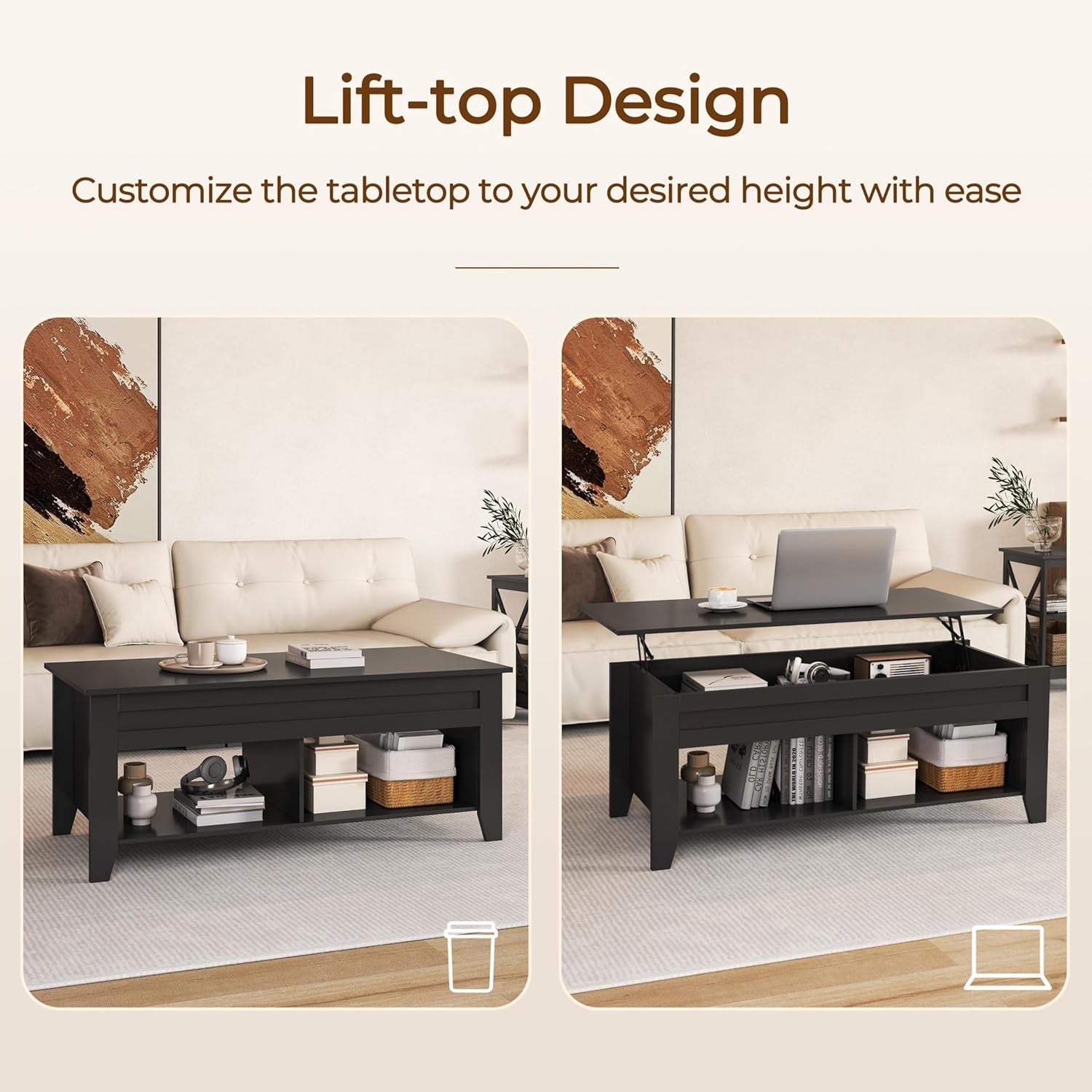Yaheetech Lift-Top Coffee Table with Hidden Storage | Black Wood Coffee Table with Open Shelves (39.5”)