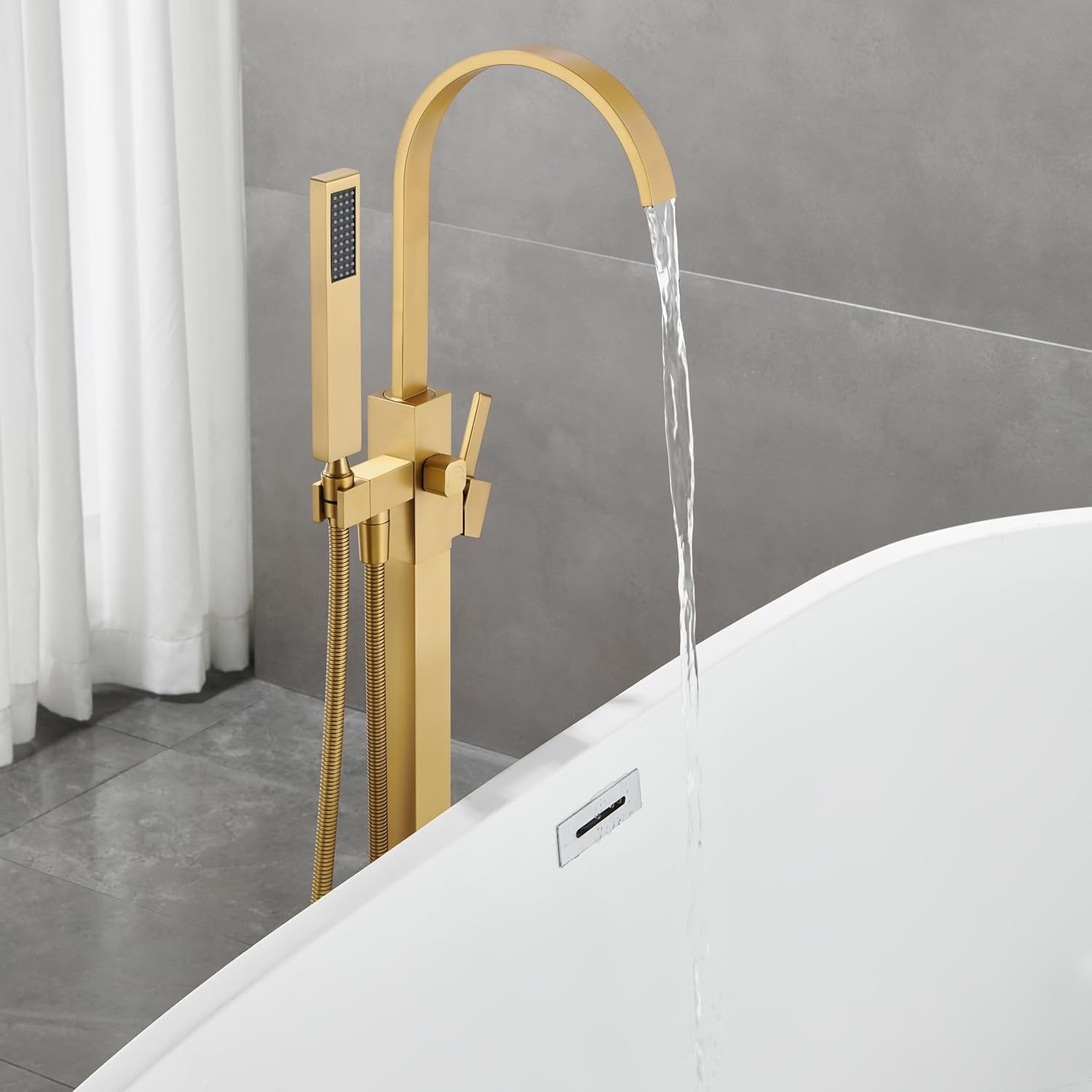 Freestanding Bathtub Faucet Floor Mount Brushed Gold | Single Handle Tub Filler with Hand Shower