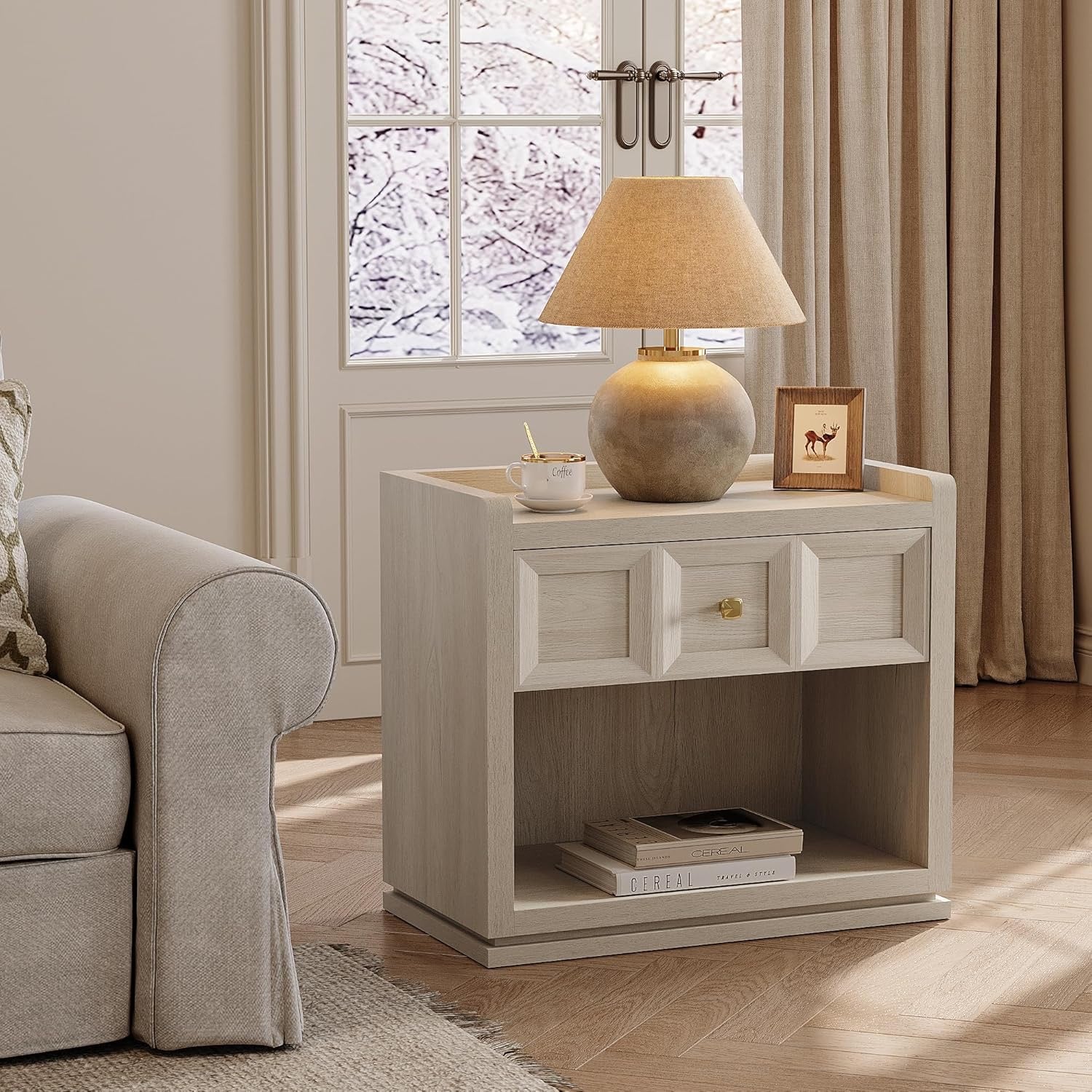 SICOTAS 26” Wide Nightstands Set of 2 | Modern Grey White Oak Bedside Tables with Drawer