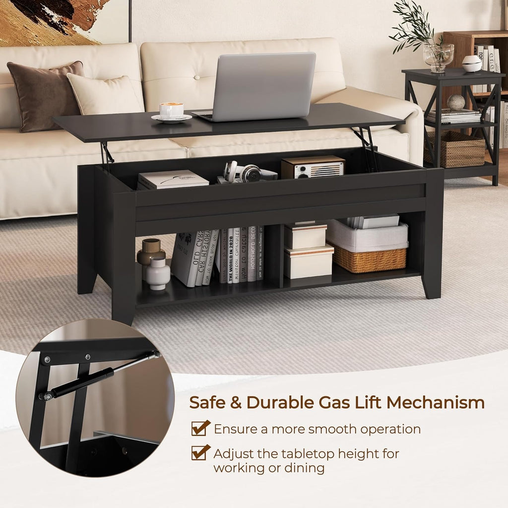 Yaheetech Lift-Top Coffee Table with Hidden Storage | Black Wood Coffee Table with Open Shelves (39.5”)