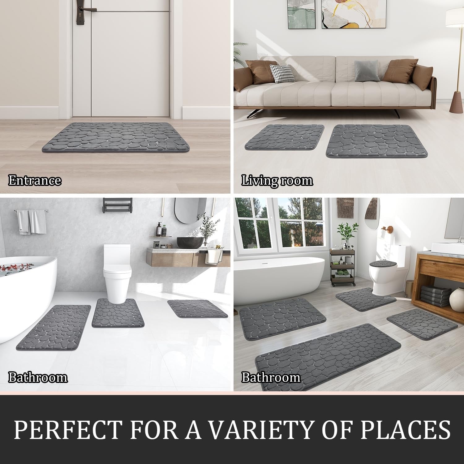 YIHOUSE 2 Piece Memory Foam Bathroom Rug Set Dark Grey | Non Slip Absorbent Washable Bath Mats for Sink Toilet Floor