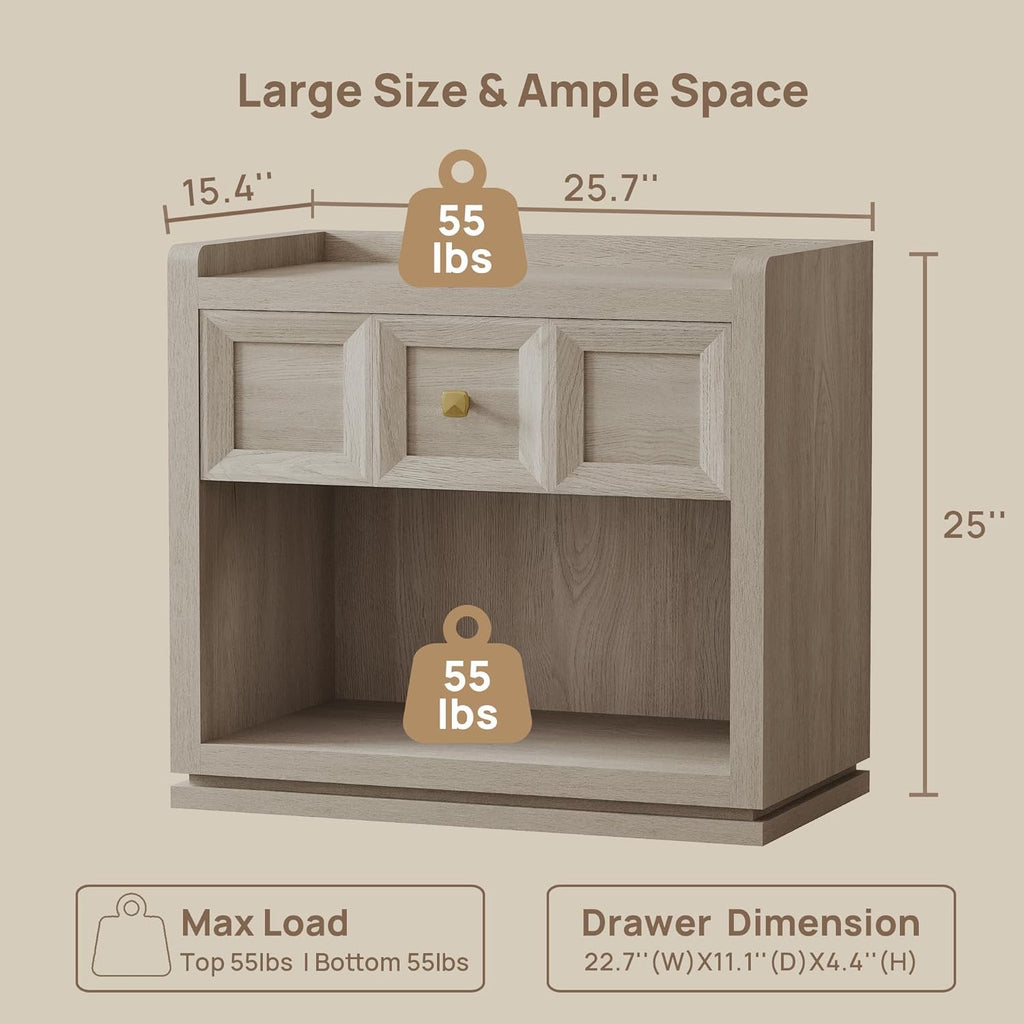 SICOTAS 26” Wide Nightstands Set of 2 | Modern Grey White Oak Bedside Tables with Drawer