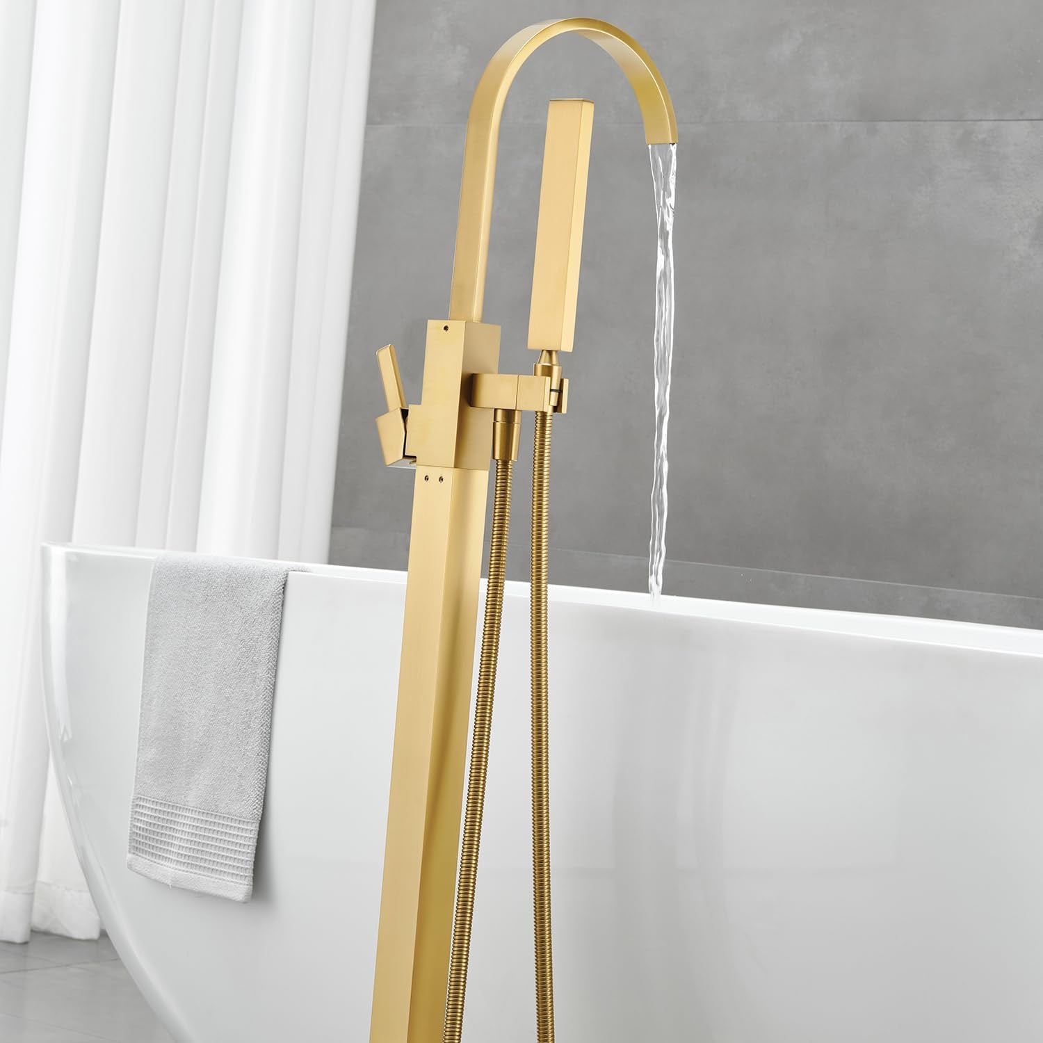 Freestanding Bathtub Faucet Floor Mount Brushed Gold | Single Handle Tub Filler with Hand Shower