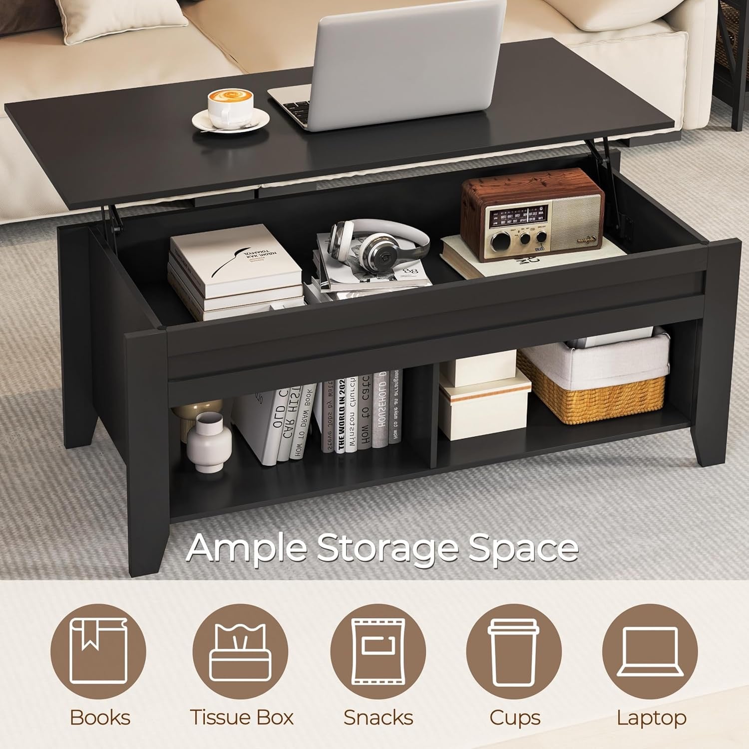 Yaheetech Lift-Top Coffee Table with Hidden Storage | Black Wood Coffee Table with Open Shelves (39.5”)