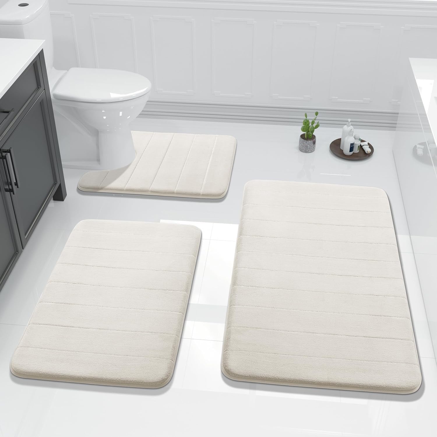 Yimobra 3 Piece Memory Foam Bath Mat Set Cream White | Non Slip Absorbent Bathroom Rugs with U-Shaped Toilet Mat