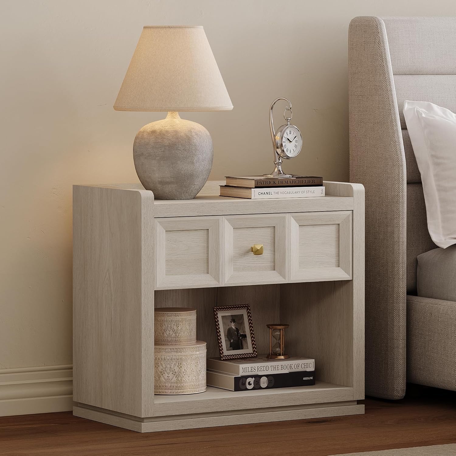SICOTAS 26” Wide Nightstands Set of 2 | Modern Grey White Oak Bedside Tables with Drawer