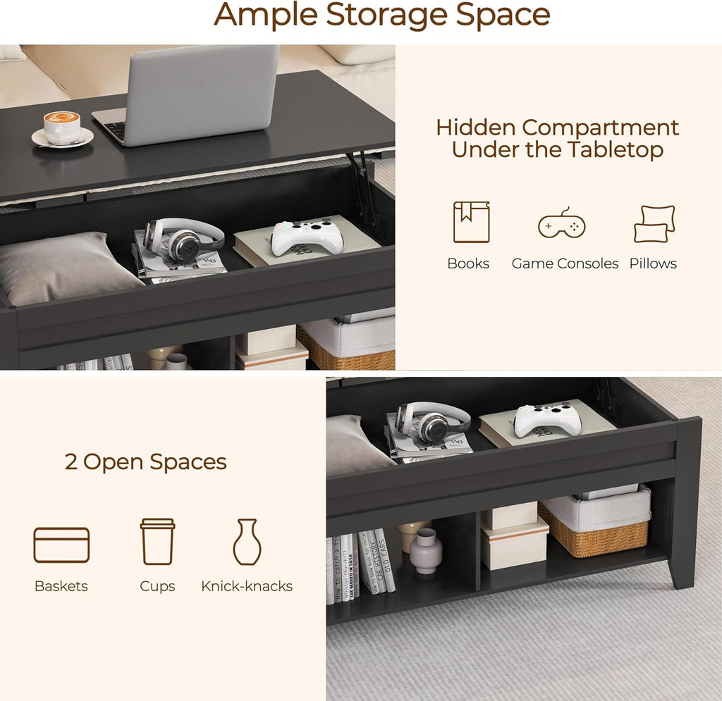 Yaheetech Lift-Top Coffee Table with Hidden Storage | Black Wood Coffee Table with Open Shelves (39.5”)
