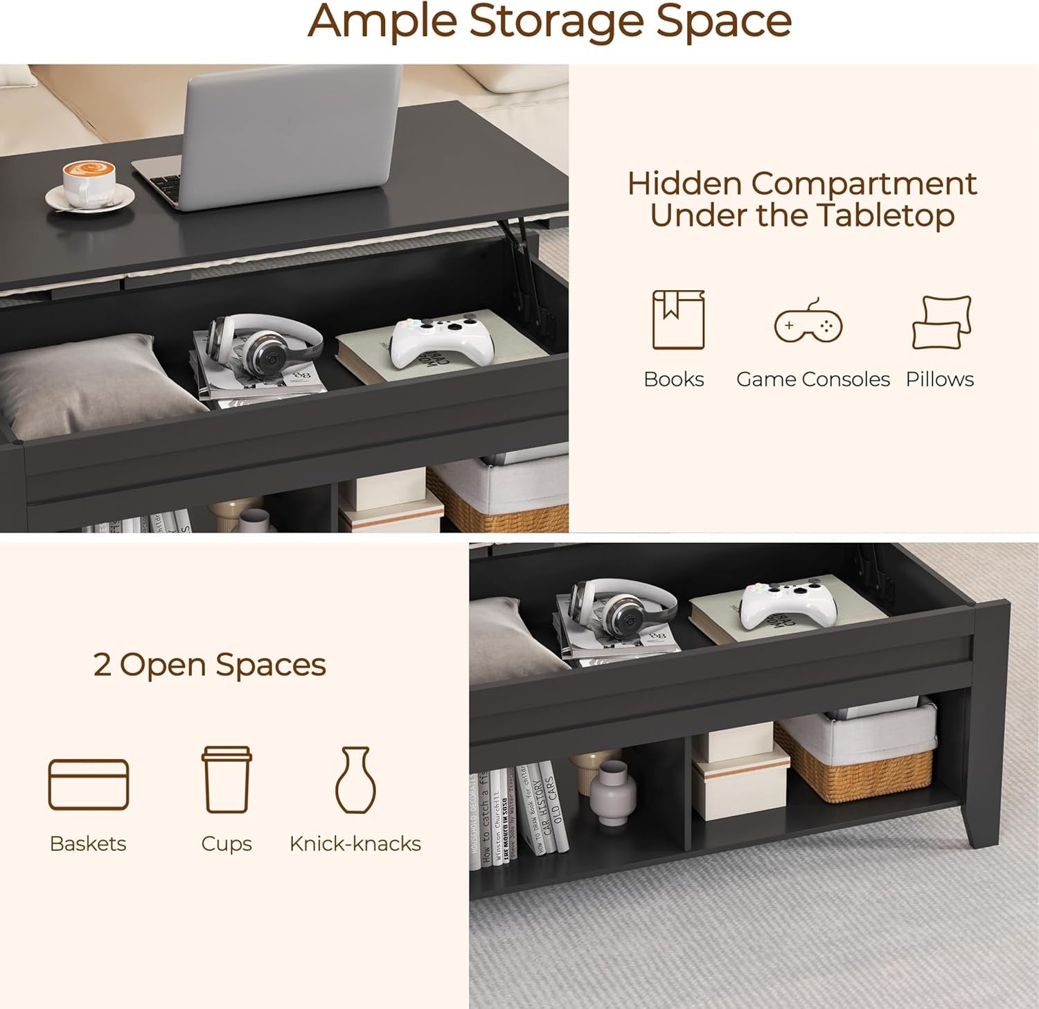 Yaheetech Lift-Top Coffee Table with Hidden Storage | Black Wood Coffee Table with Open Shelves (39.5”)