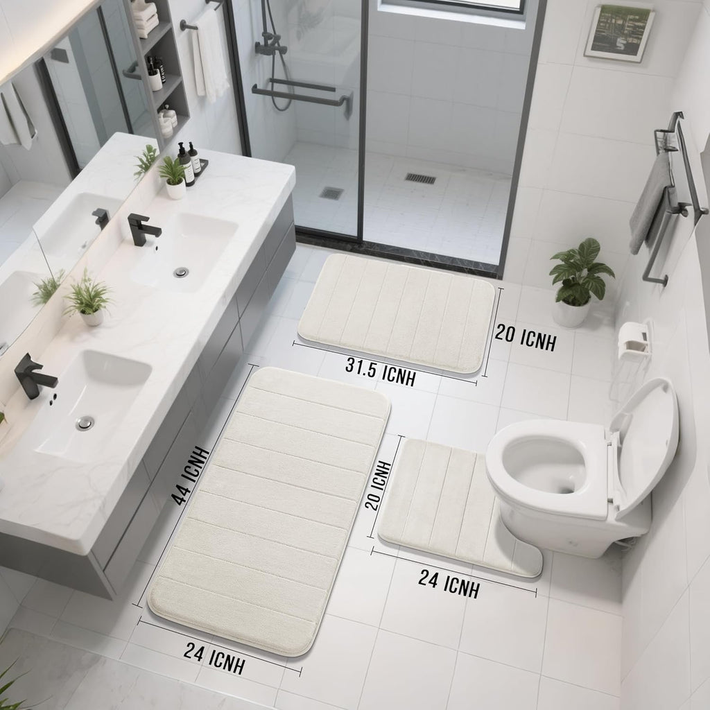 Yimobra 3 Piece Memory Foam Bath Mat Set Cream White | Non Slip Absorbent Bathroom Rugs with U-Shaped Toilet Mat