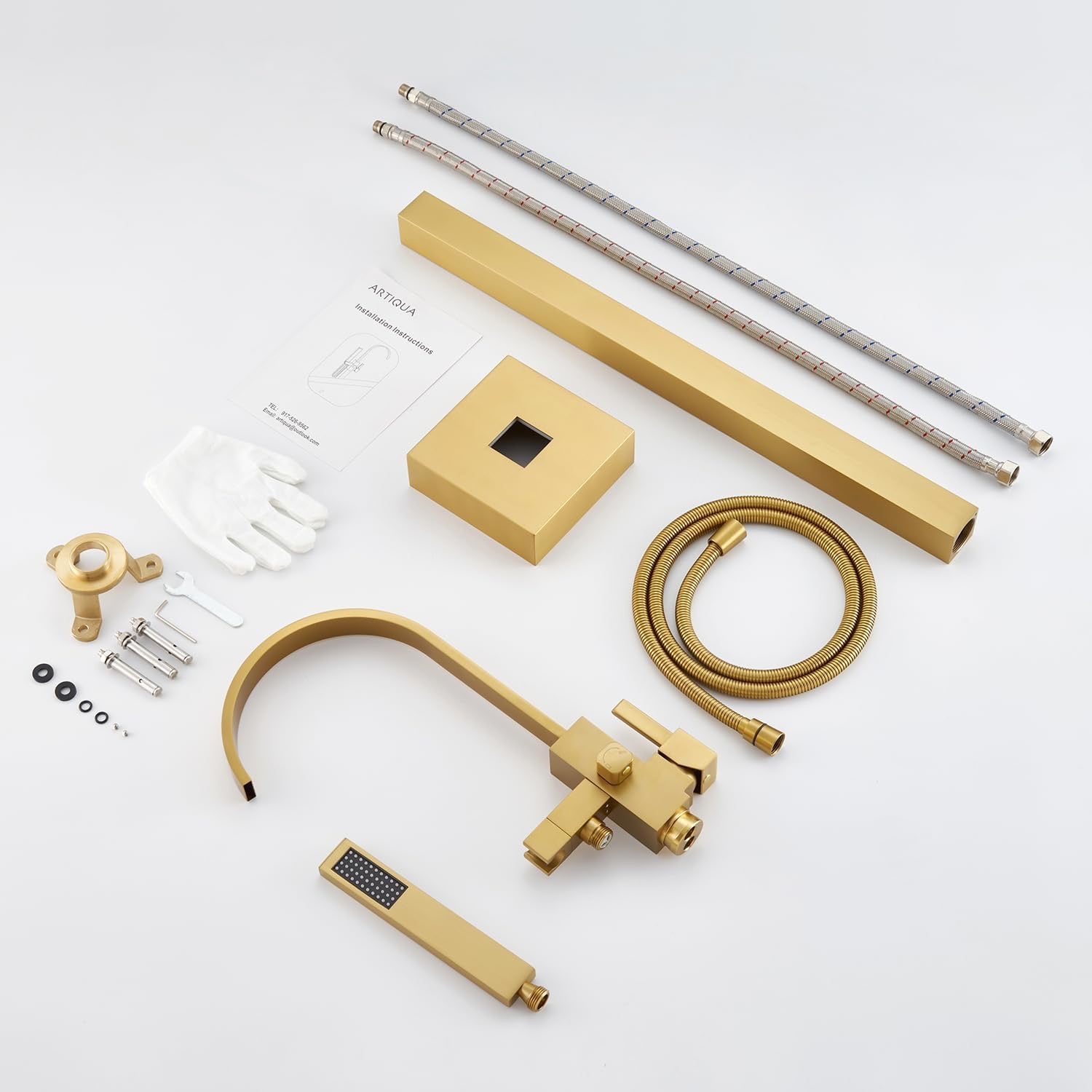 Freestanding Bathtub Faucet Floor Mount Brushed Gold | Single Handle Tub Filler with Hand Shower