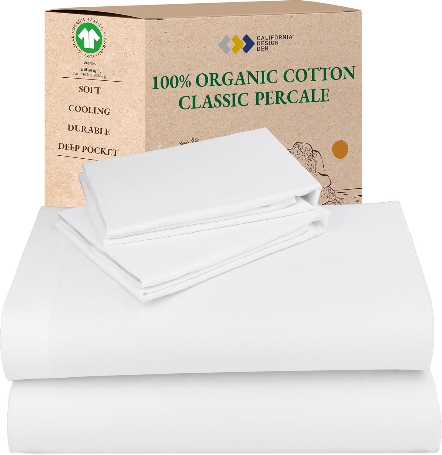 California Design Den Organic Cotton Percale King Sheet Set | Crisp White Deep Pocket Sheets