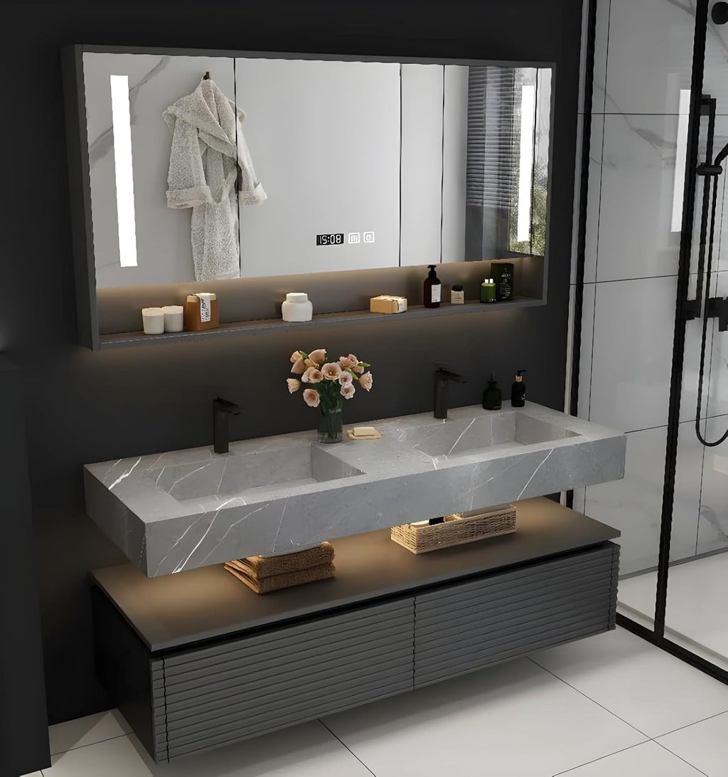 84” Double Sink Bathroom Vanity Set | Black Vanity with LED Smart Defog Mirror & Integrated Sinks