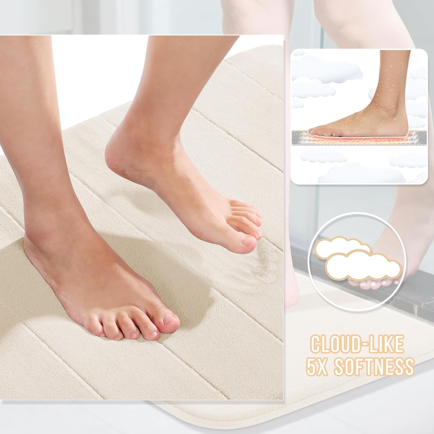 Yimobra 3 Piece Memory Foam Bath Mat Set Cream White | Non Slip Absorbent Bathroom Rugs with U-Shaped Toilet Mat