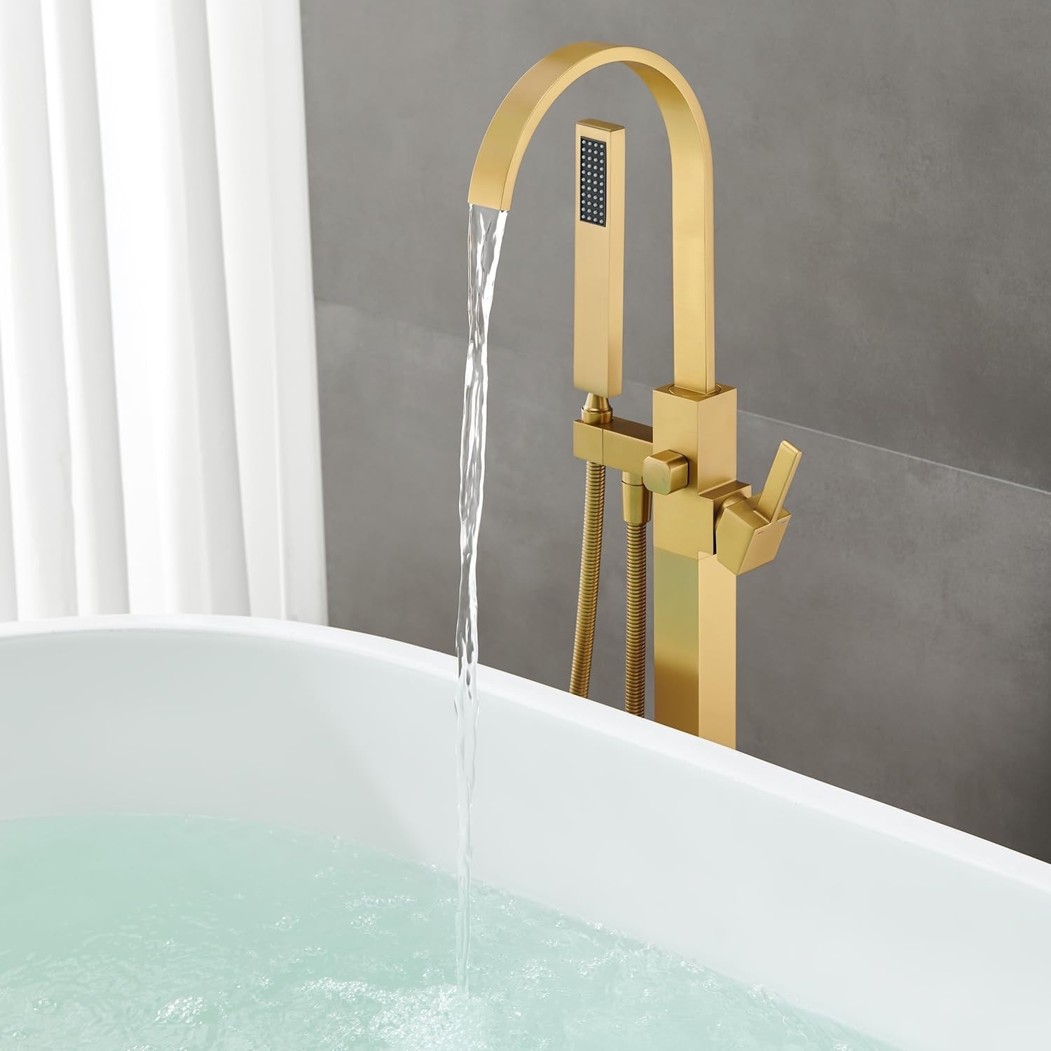Freestanding Bathtub Faucet Floor Mount Brushed Gold | Single Handle Tub Filler with Hand Shower