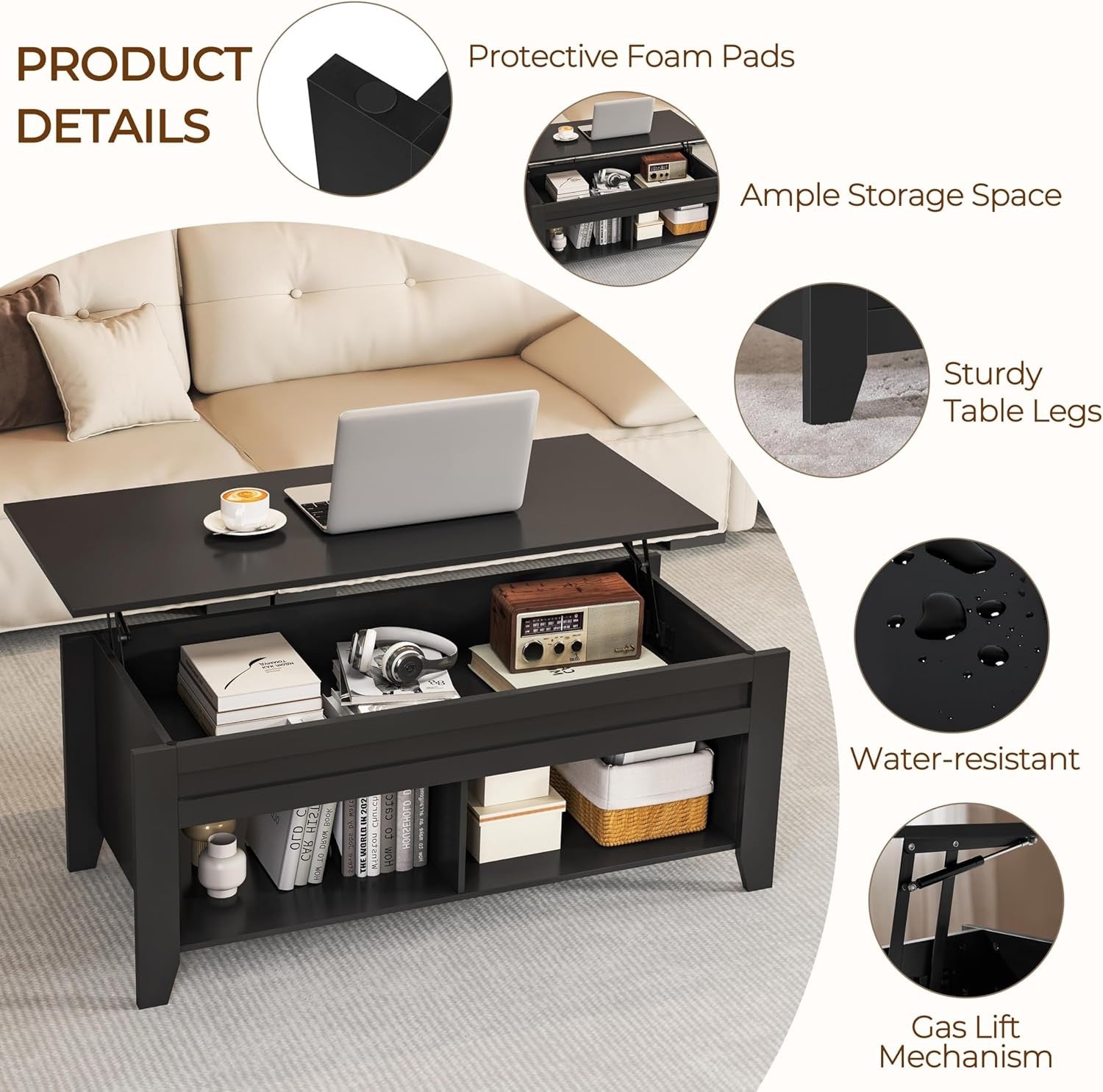 Yaheetech Lift-Top Coffee Table with Hidden Storage | Black Wood Coffee Table with Open Shelves (39.5”)