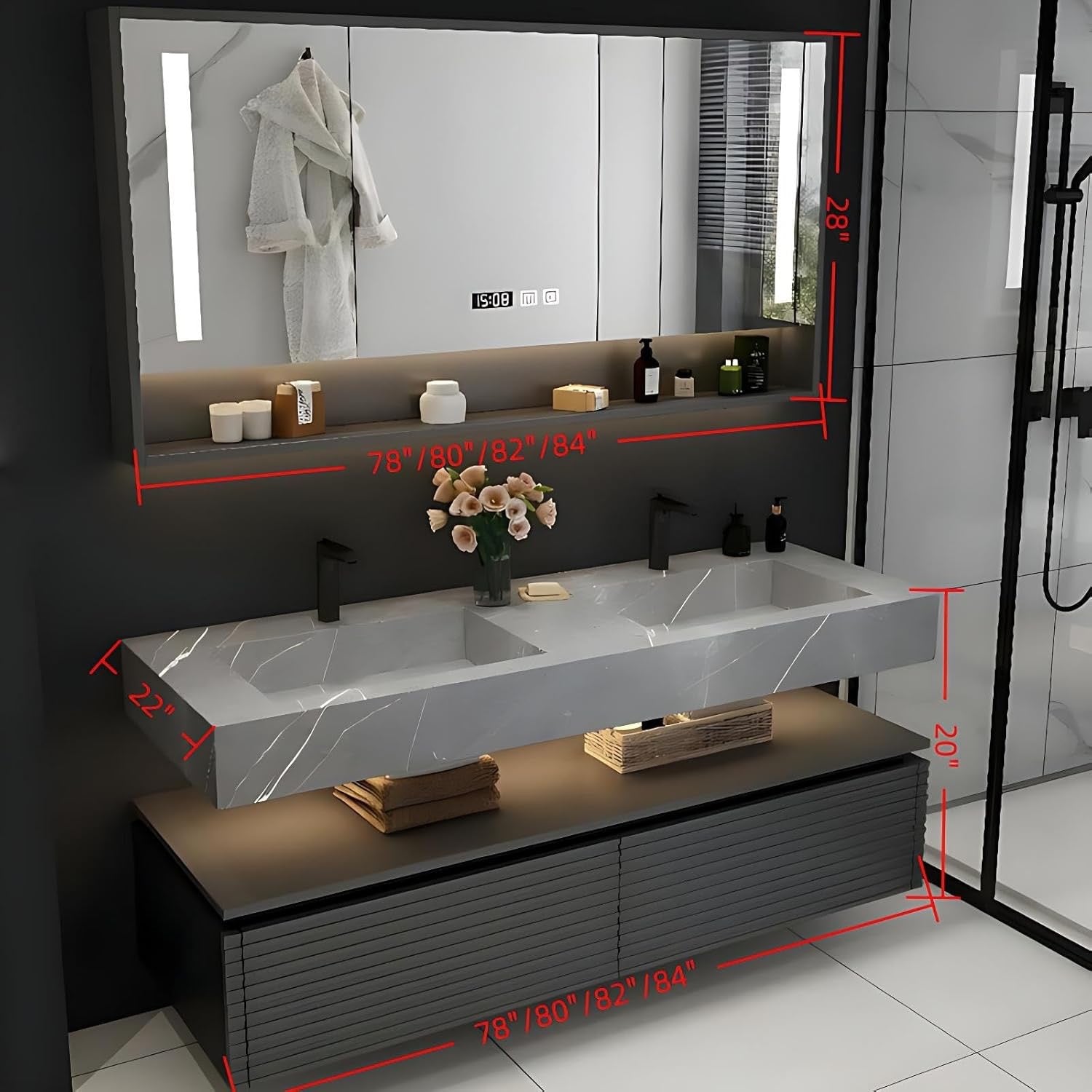 84” Double Sink Bathroom Vanity Set | Black Vanity with LED Smart Defog Mirror & Integrated Sinks