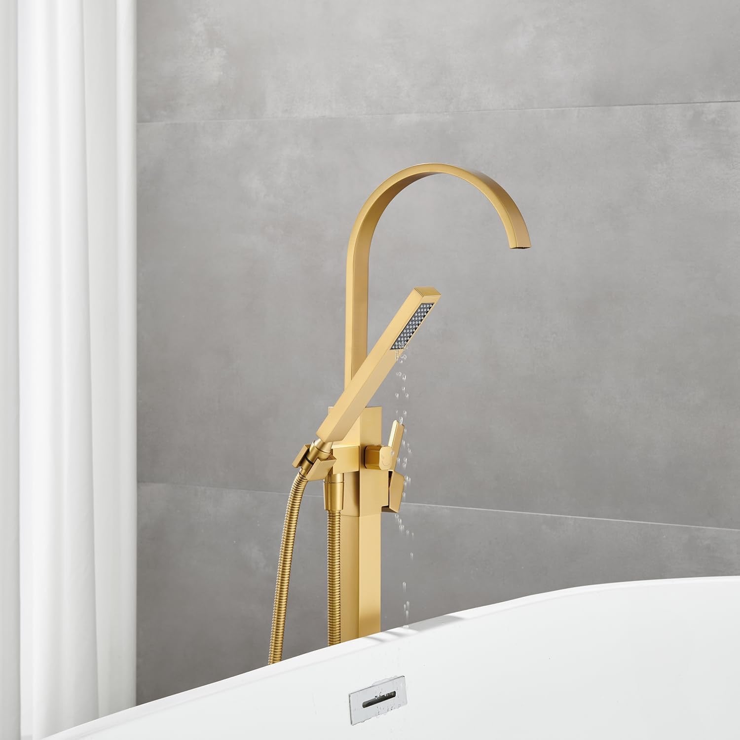 Freestanding Bathtub Faucet Floor Mount Brushed Gold | Single Handle Tub Filler with Hand Shower