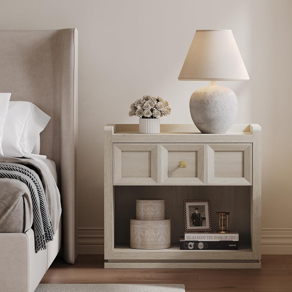 SICOTAS 26” Wide Nightstands Set of 2 | Modern Grey White Oak Bedside Tables with Drawer