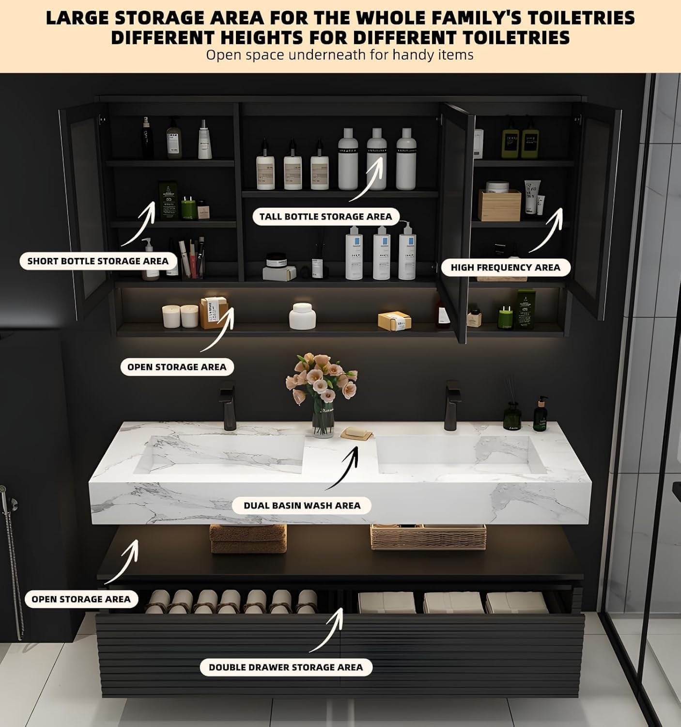 84” Double Sink Bathroom Vanity Set | Black Vanity with LED Smart Defog Mirror & Integrated Sinks