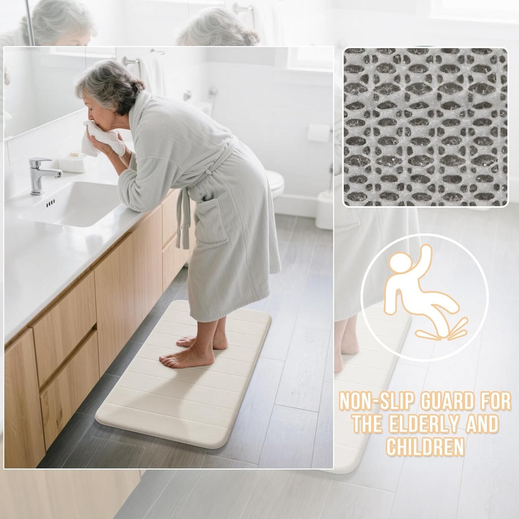 Yimobra 3 Piece Memory Foam Bath Mat Set Cream White | Non Slip Absorbent Bathroom Rugs with U-Shaped Toilet Mat
