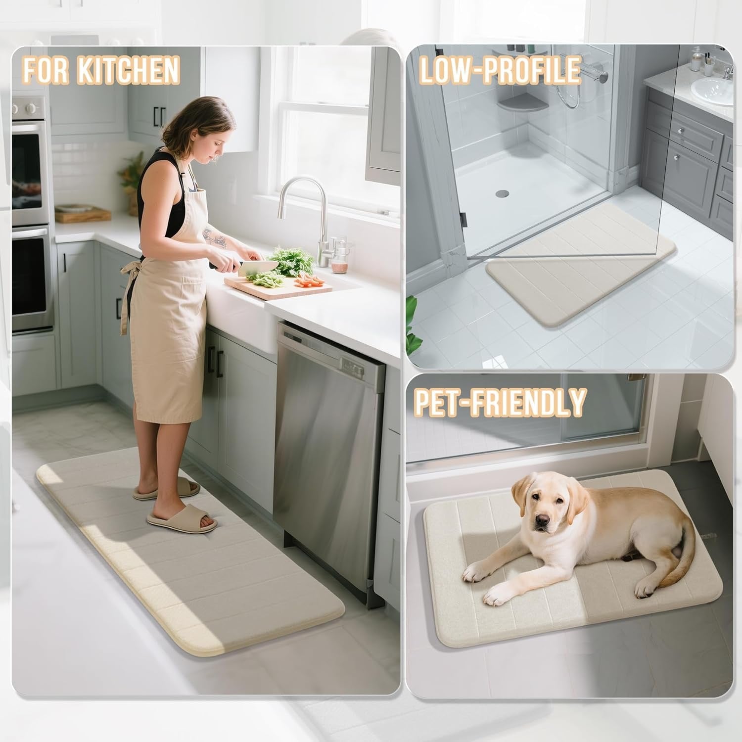 Yimobra 3 Piece Memory Foam Bath Mat Set Cream White | Non Slip Absorbent Bathroom Rugs with U-Shaped Toilet Mat
