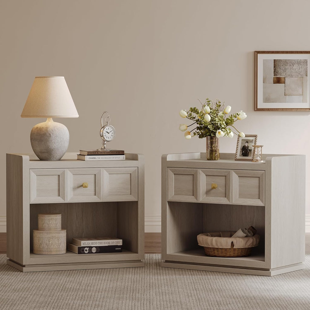 SICOTAS 26” Wide Nightstands Set of 2 | Modern Grey White Oak Bedside Tables with Drawer