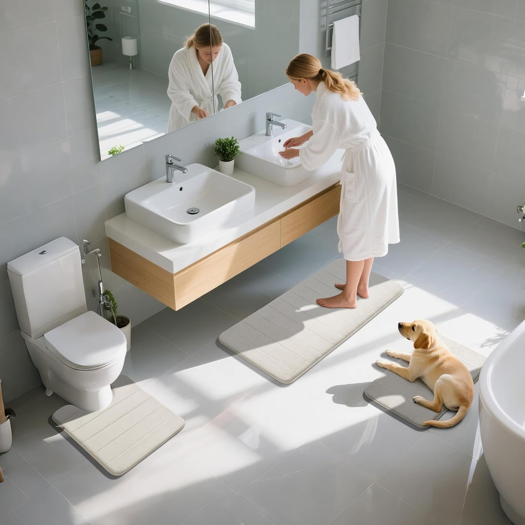 Yimobra 3 Piece Memory Foam Bath Mat Set Cream White | Non Slip Absorbent Bathroom Rugs with U-Shaped Toilet Mat