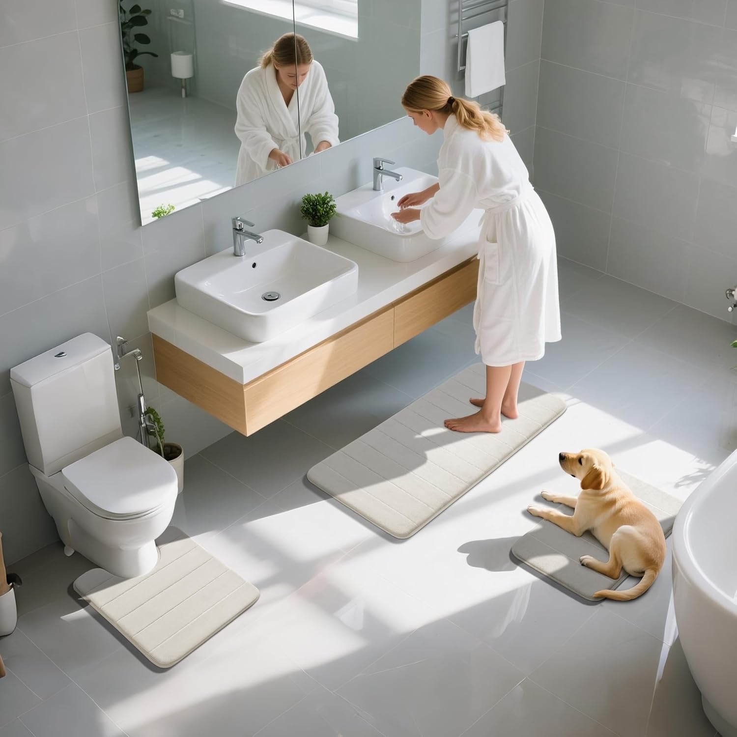 Yimobra 3 Piece Memory Foam Bath Mat Set Cream White | Non Slip Absorbent Bathroom Rugs with U-Shaped Toilet Mat