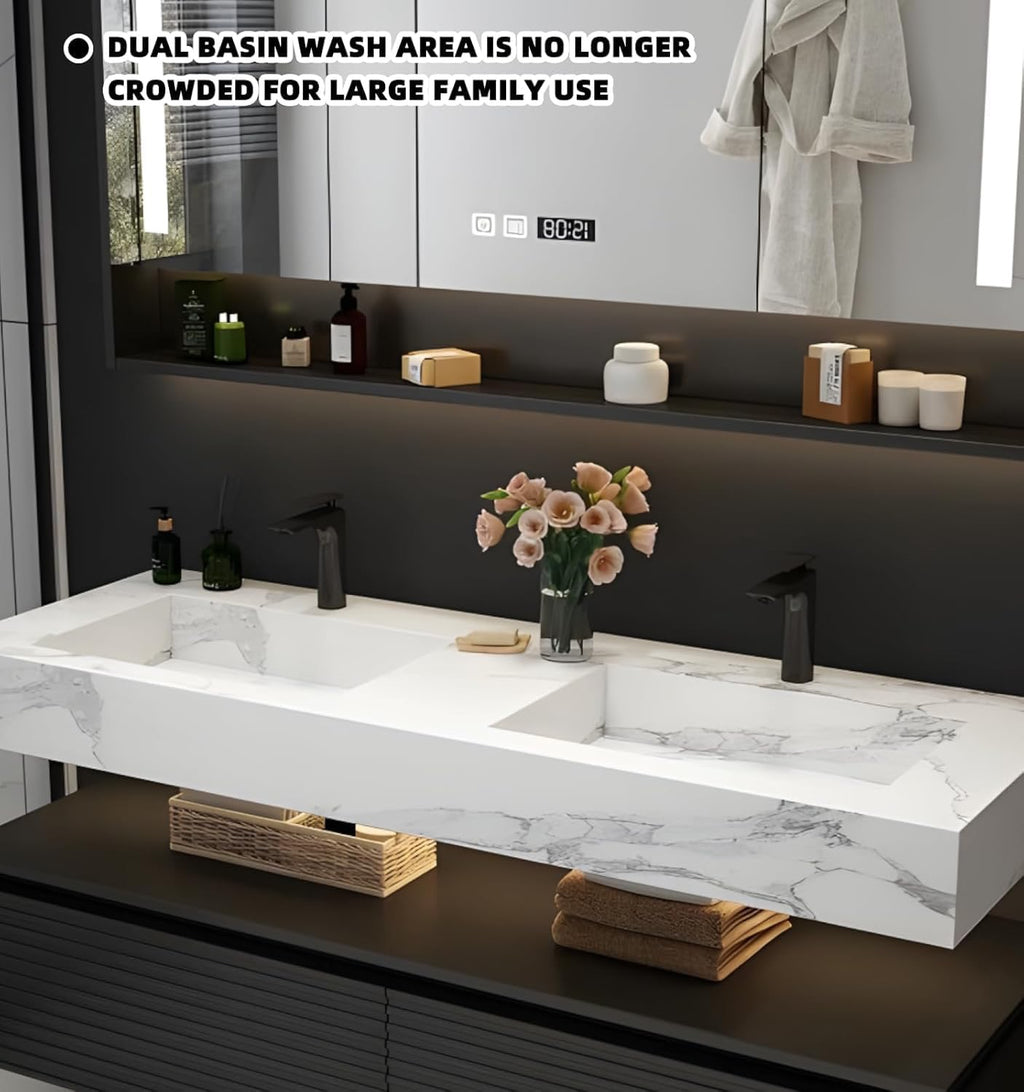 84” Double Sink Bathroom Vanity Set | Black Vanity with LED Smart Defog Mirror & Integrated Sinks