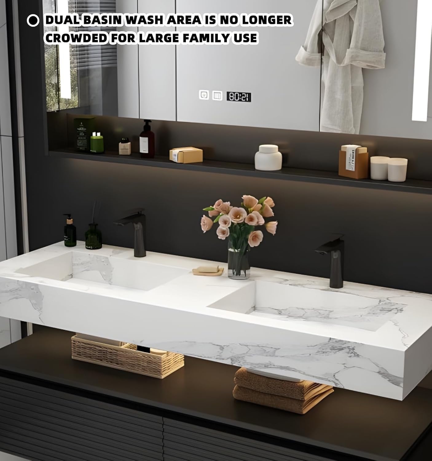 84” Double Sink Bathroom Vanity Set | Black Vanity with LED Smart Defog Mirror & Integrated Sinks