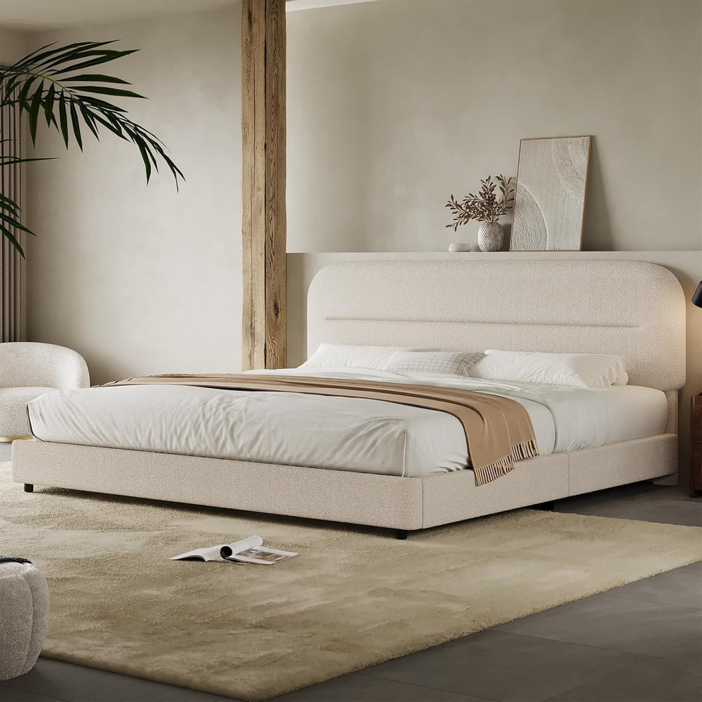 HOMBCK Bouclé Upholstered King Bed Frame | Cream Cloud Platform Bed with Rounded Corners